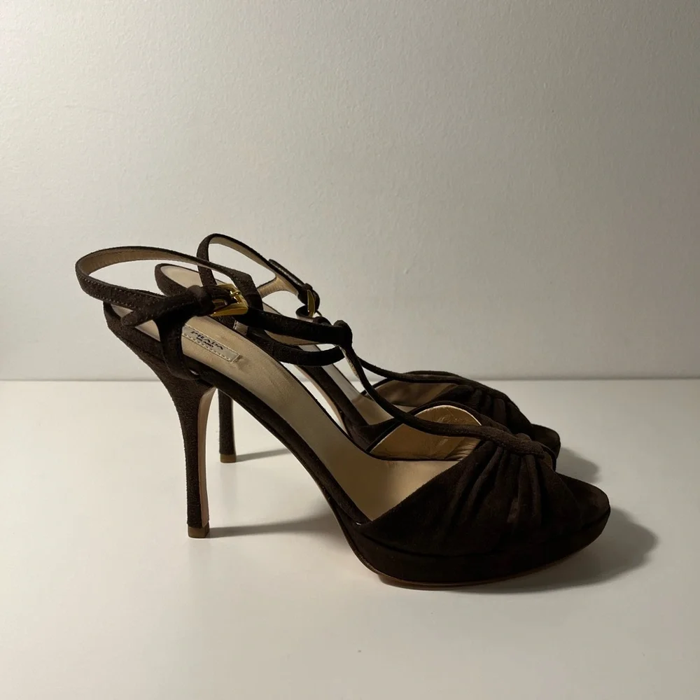 Prada Cutout Peep Open Toe Suede T-Strap Platform Stiletto Pump Heels Sandals - Picture 9 of 12